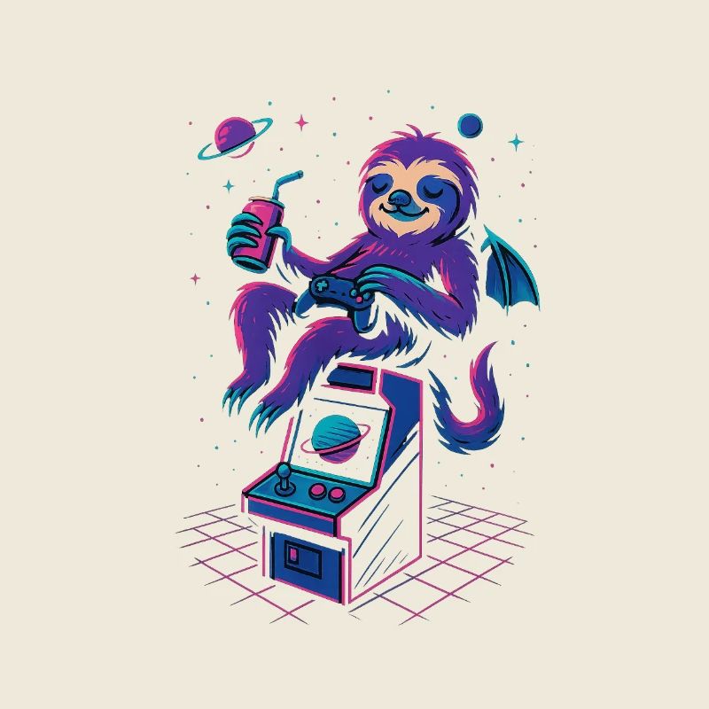 Space Gamer Sloth with Drink and Arcade