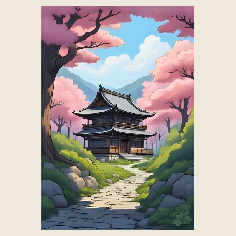 Japanese Temple among Cherry Blossoms
