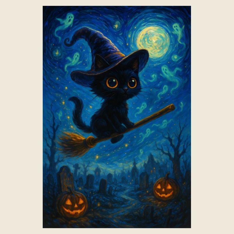 Chat noir avec un balai de sorcière