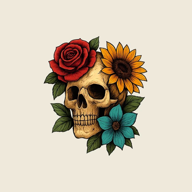 Skull & Bloom Fusion Art – Bold Floral Skeleton De