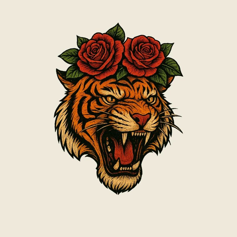 Fierce Tiger Head with Roses – High-Resolution Tra