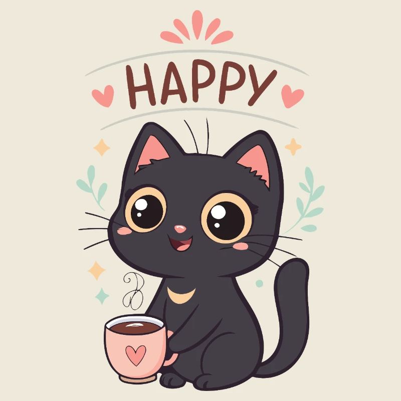 Schwarze Katze Glücklicher Kaffee