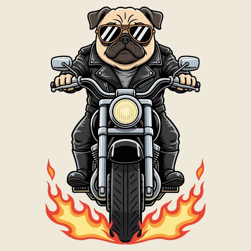 Cool Biker Pug Motorcycle Flammes