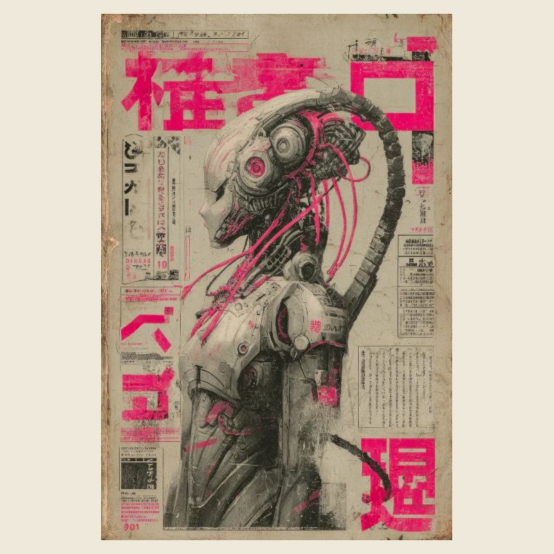 Neon-Mecha unter rosa japanischen Nachrichten