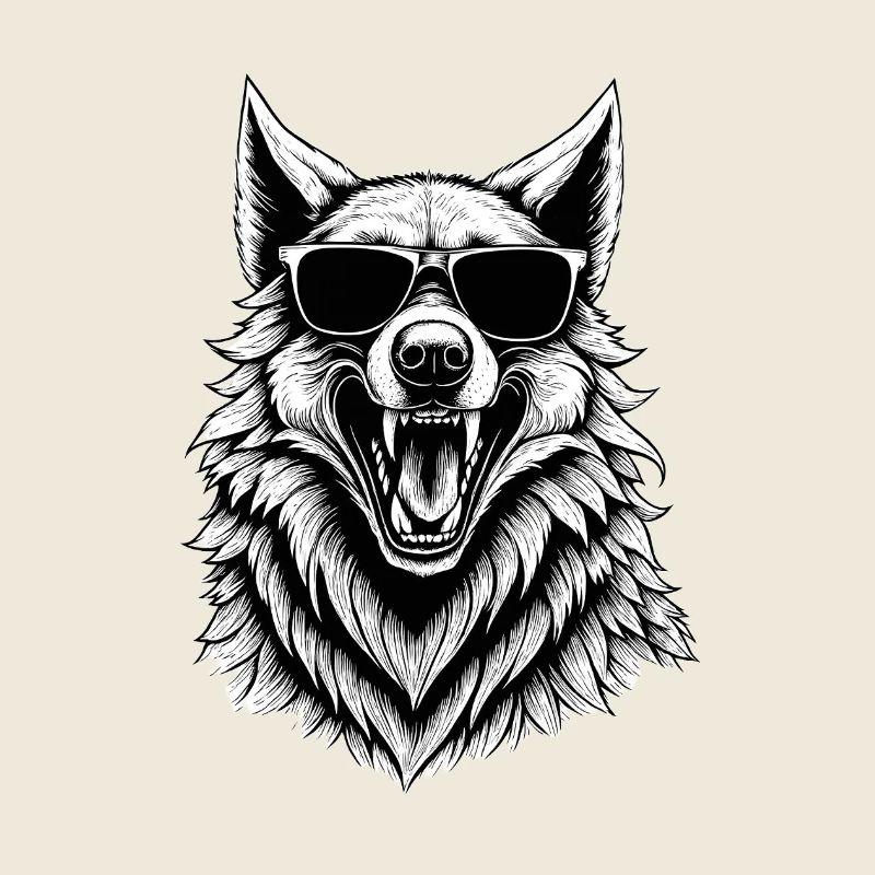 lachender Wolf mit Sonnenbrille