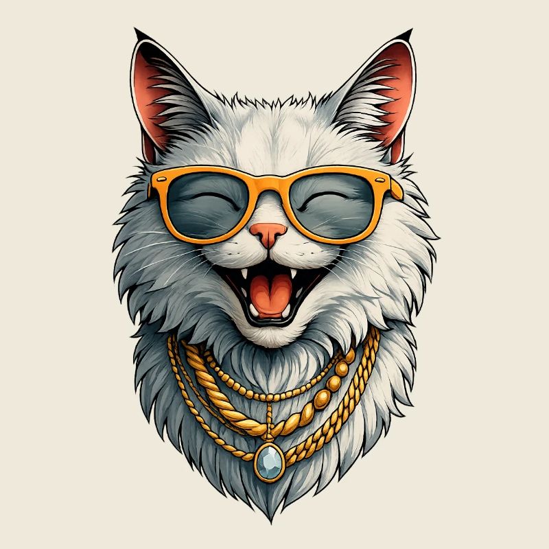 Chatte heureuse - Lunettes de soleil et chaînes en or