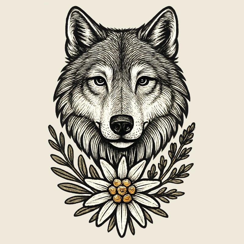 Wolf head with flower wreath