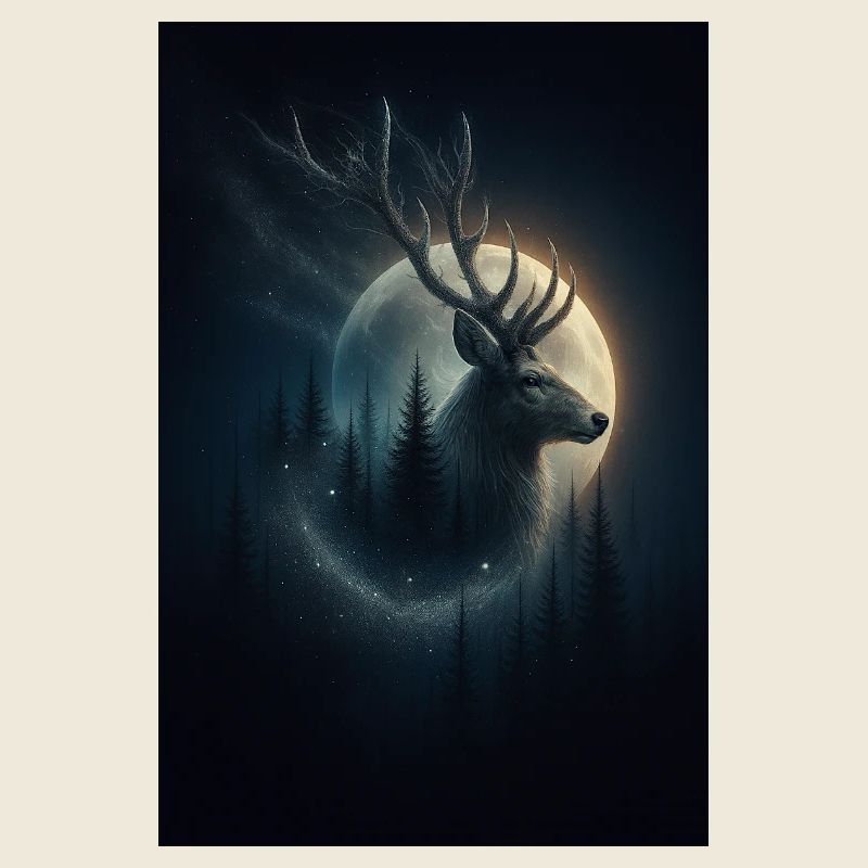 Magic Deer in the Night Forest