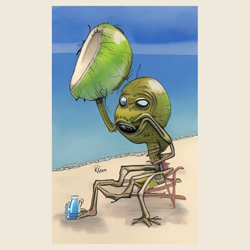 Crazy Comic Alien sur une plage avec un espace cocotier