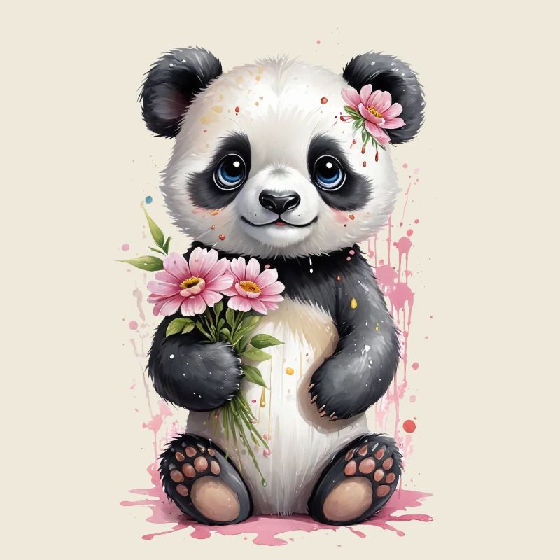 Panda Kawaii avec des fleurs - Adorable aquarelle