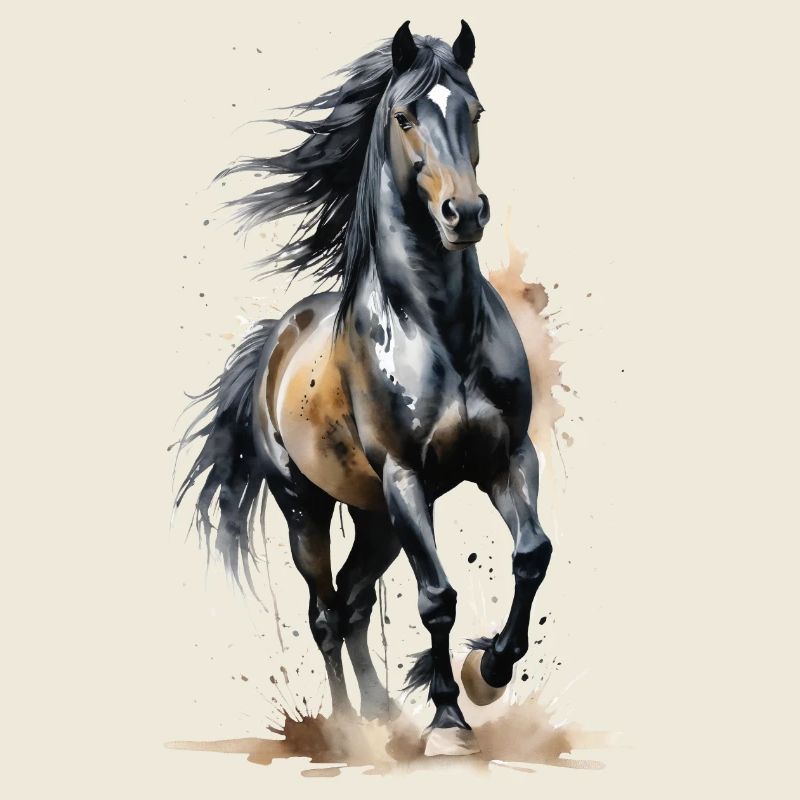 Schneidiger schwarzer Hengst - Aquarell