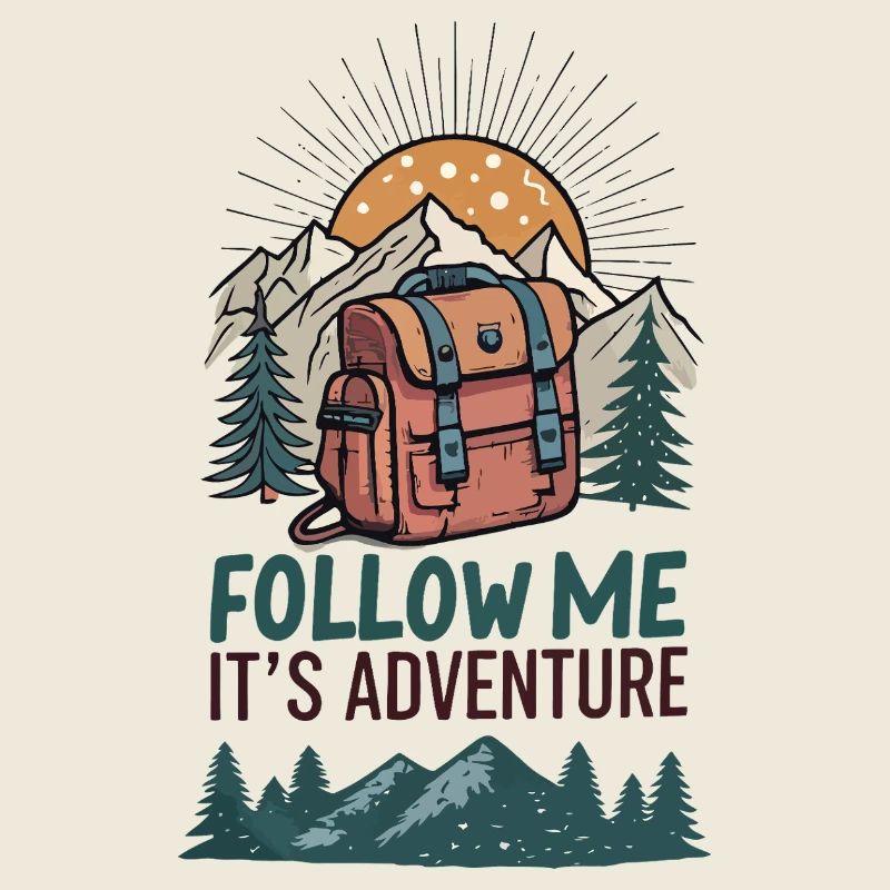 Sac à dos et montagnes avec slogan aventure