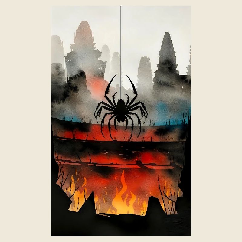 Dark city with tentacle spider in fire