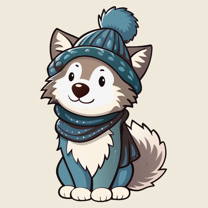 Loup mignon avec écharpe et chapeau à pompon.