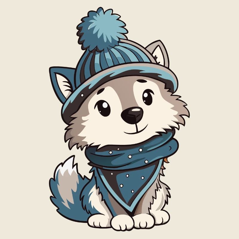 Loup mignon avec écharpe et chapeau à pompon.