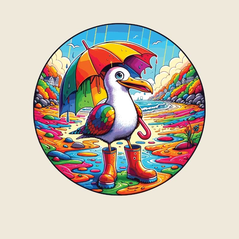 Regenbogen Möwe mit Sonnenschirm und Gummistiefel