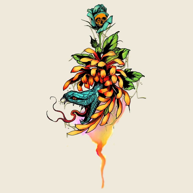 Serpent incroyable avec crâne et fleurs.