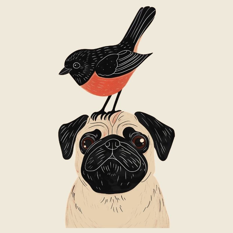 Mops mit Vogel