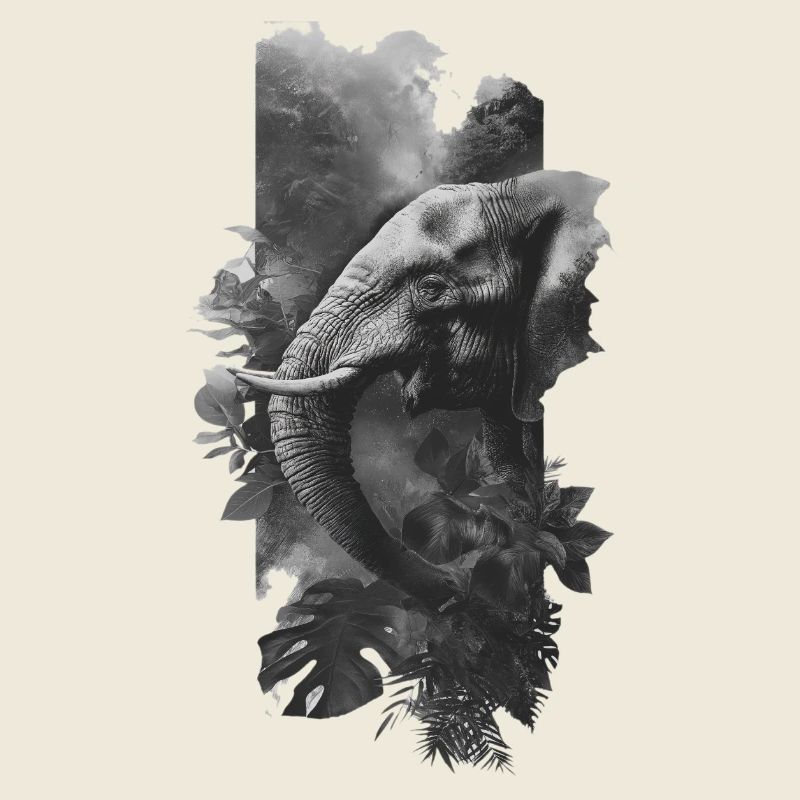 Éléphant gris en collage jungle