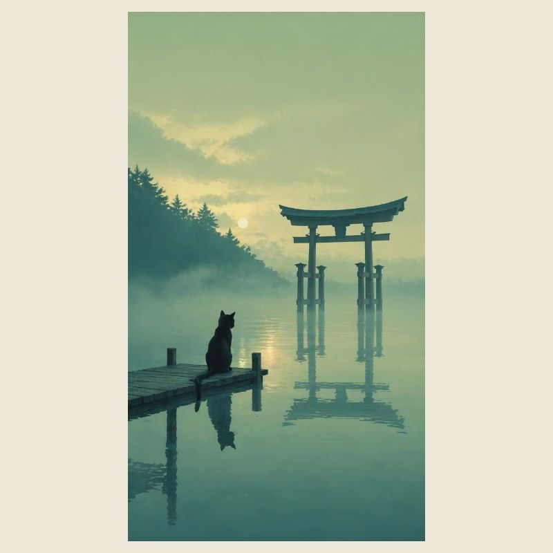 Schwarze Katze am Torii – Asian Zen Design