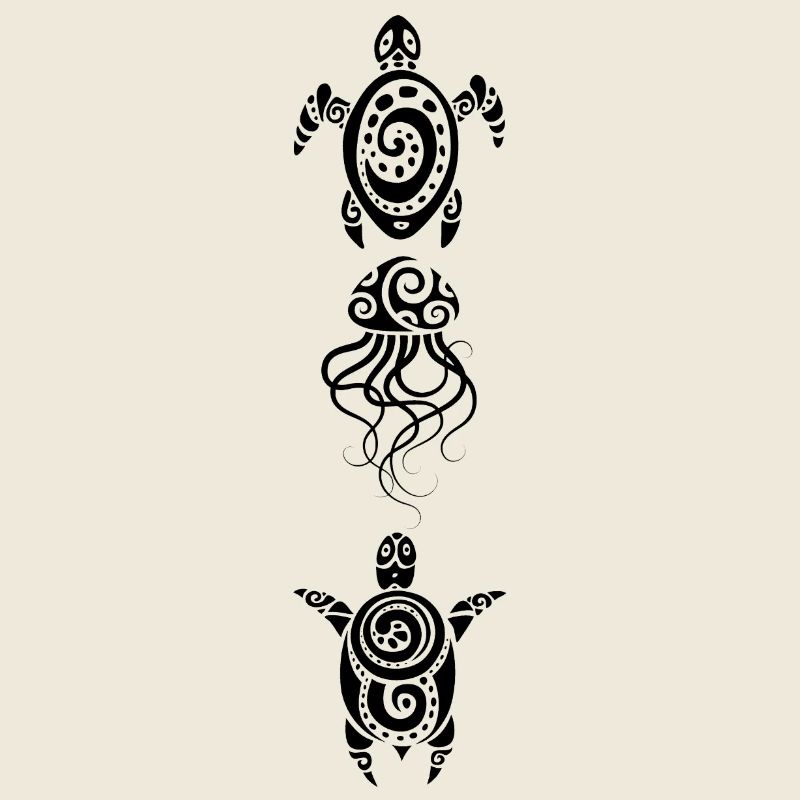 A jellyfish and two turtles (black)