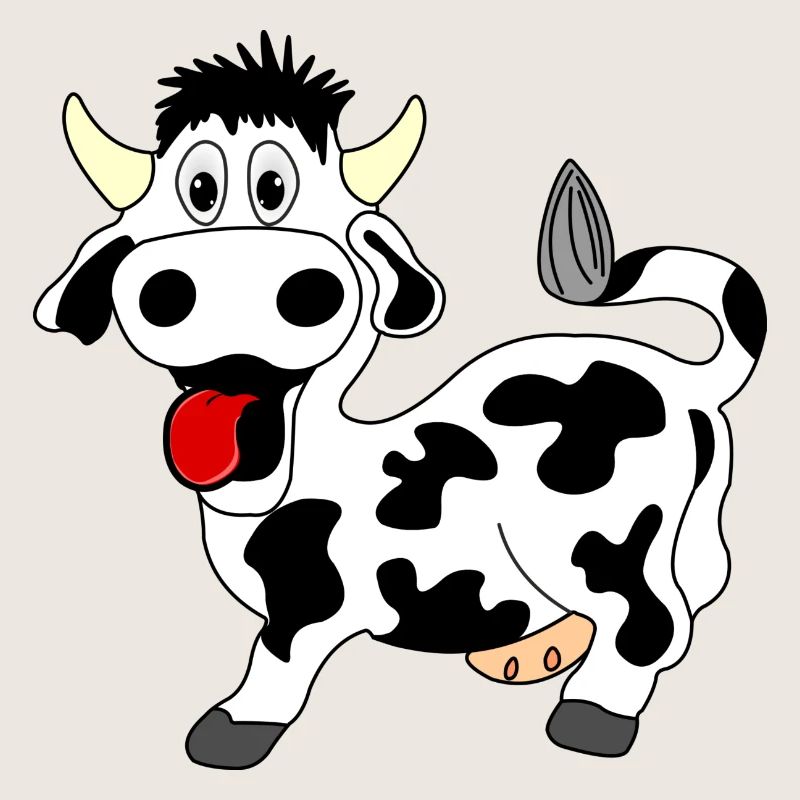 Vache noire et blanche joyeuse avec langue sortie de la bouche