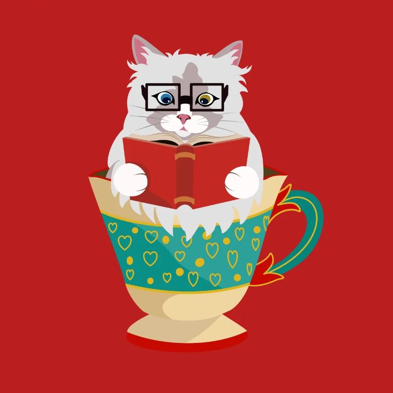 Niedliche Ragdoll-Katze, die ein Buch in einer Kaffeetasse liest