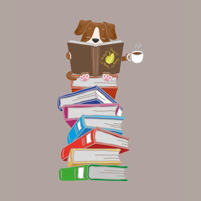 Dog reads book stack bookworm coffee