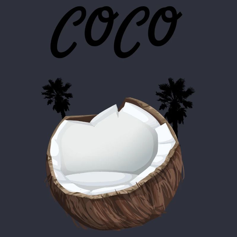 Coconut with lettering Coco and palm trees
