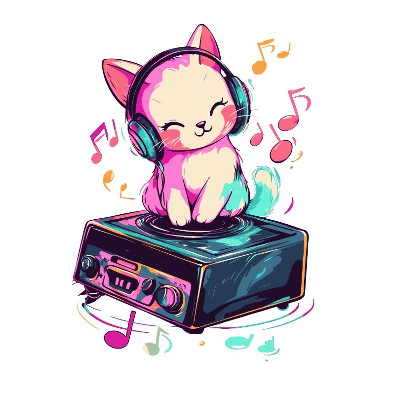 Chat mignon avec des écouteurs écoutant de la musique