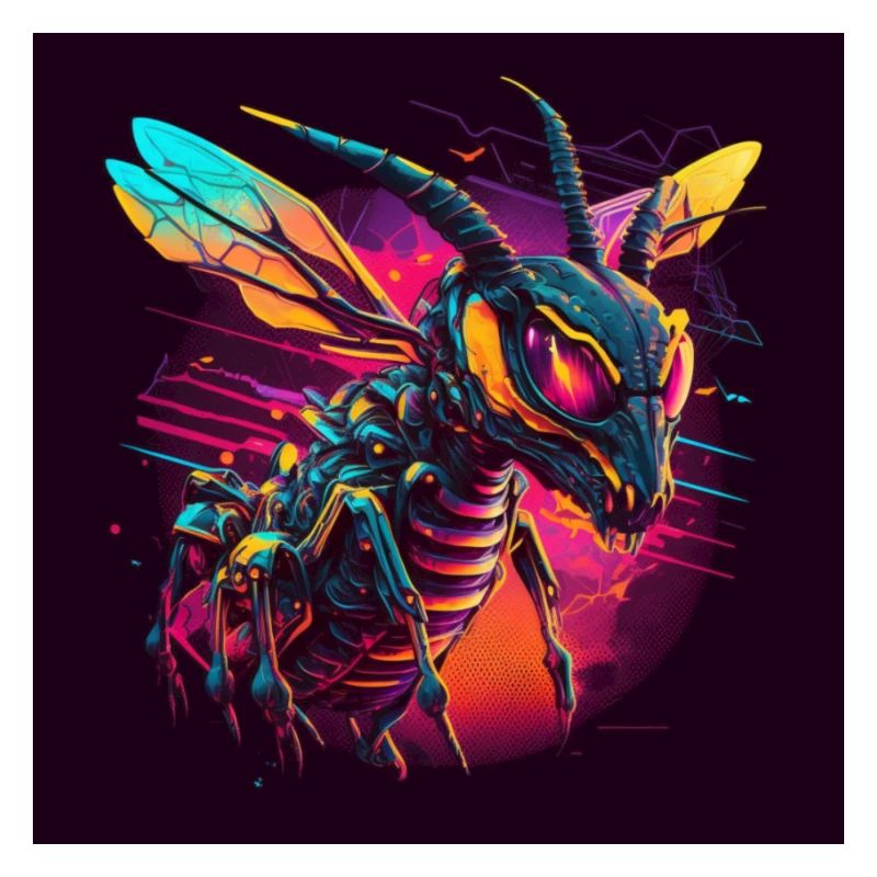 Wasp with neon colors, synthwave / 80s