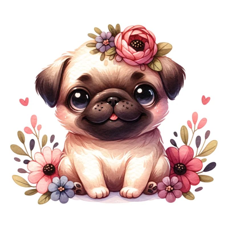Süßer Mops Hunde Welpe mit Blumen