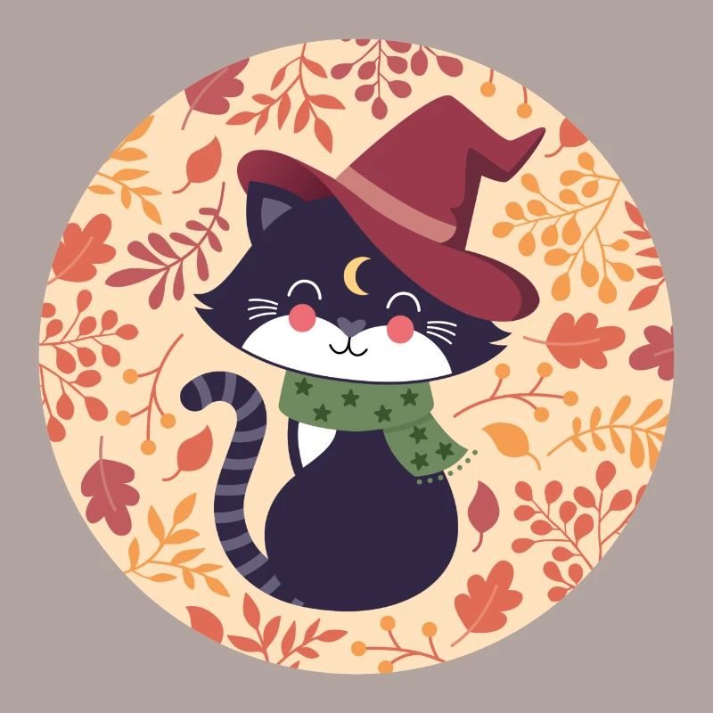 black cat with autumn pattern