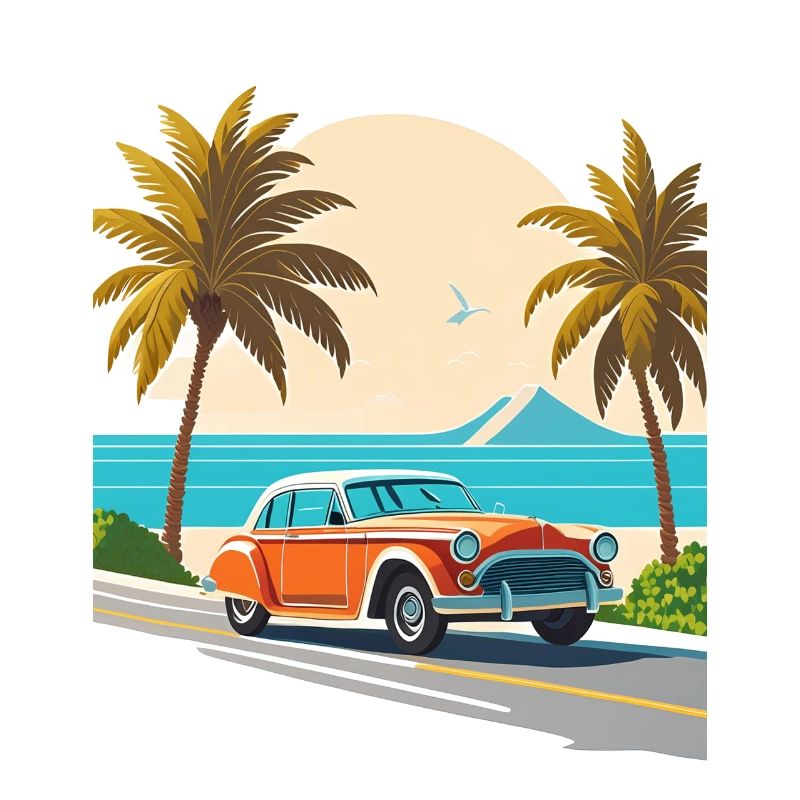 Vintage car on the coast with palm trees