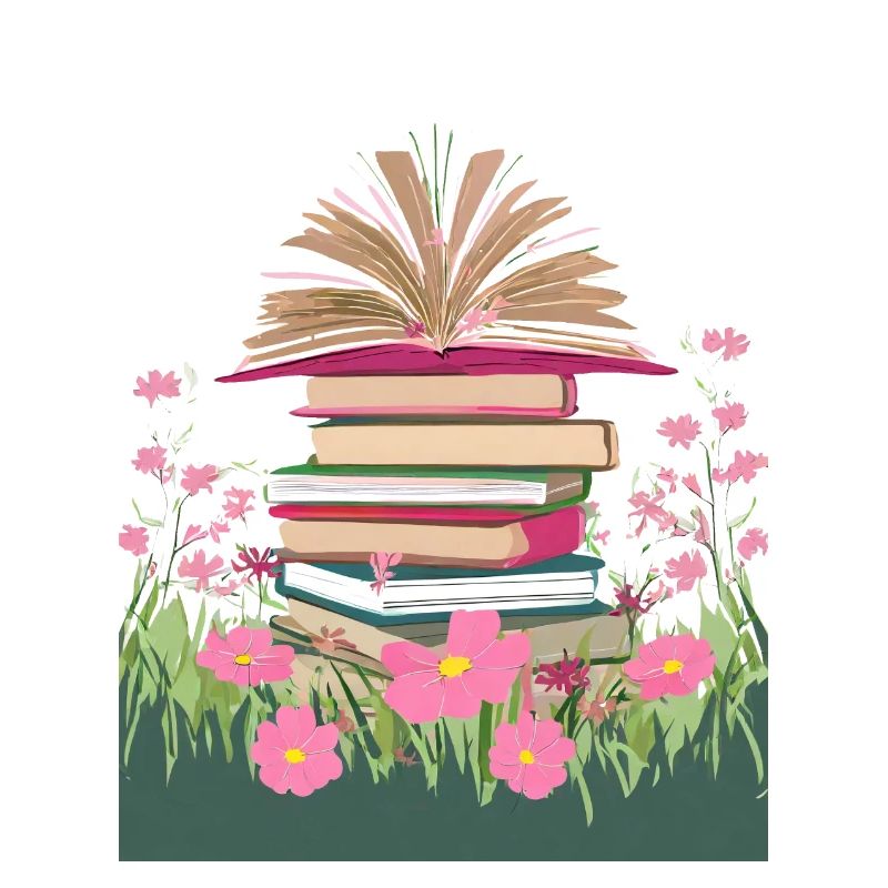 Ein Stapel Bücher auf einer Blumenwiese