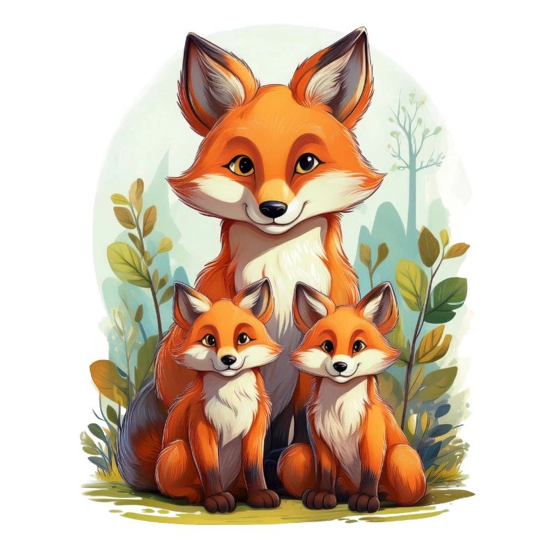 Fox mom with her cubs in the forest