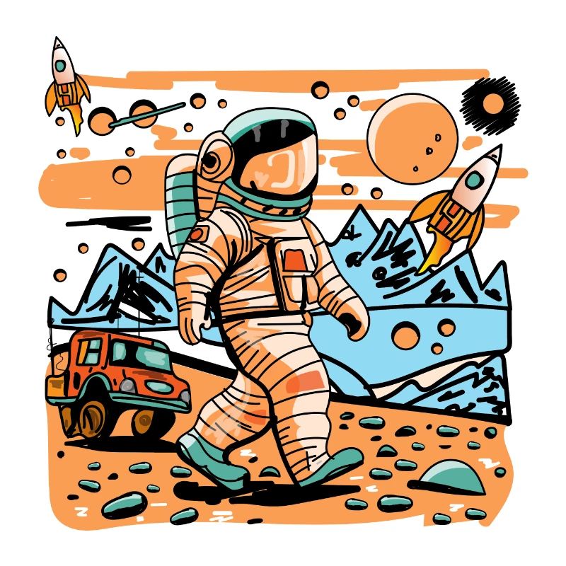 Astronaute de l’espace marchant dans une planète extraterrestre et une fusée