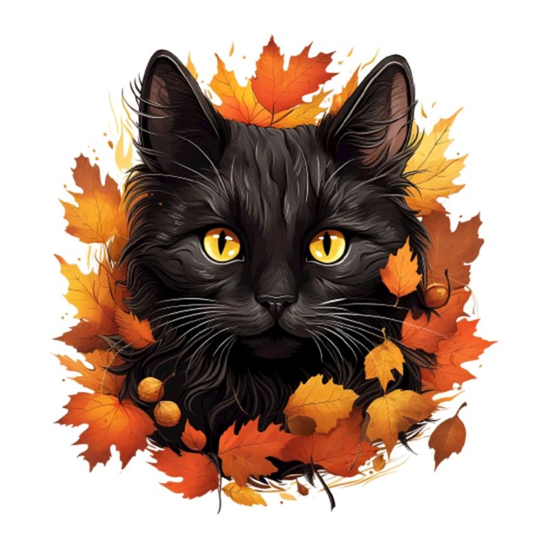 Entwerfen Sie ein Bild einer schwarzen Katze mit Herbst