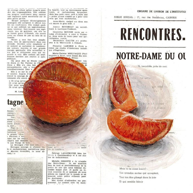 Blutorange auf Zeitungspapier gemalt