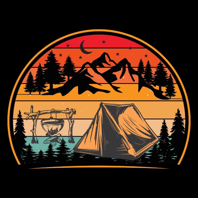 Rétro Sunset Camping Campfire Mountains