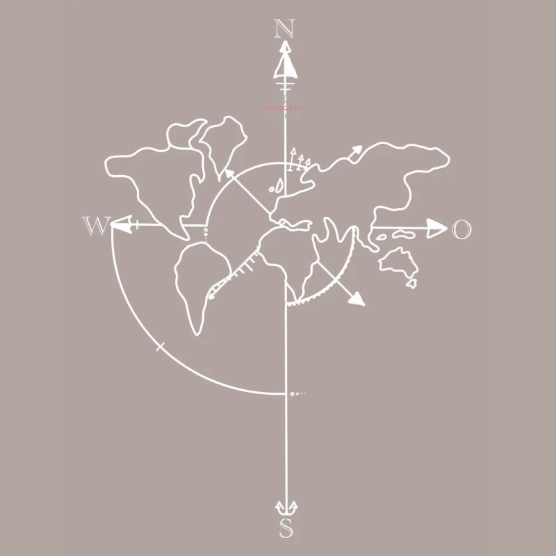 World map, cardinal directions, compass