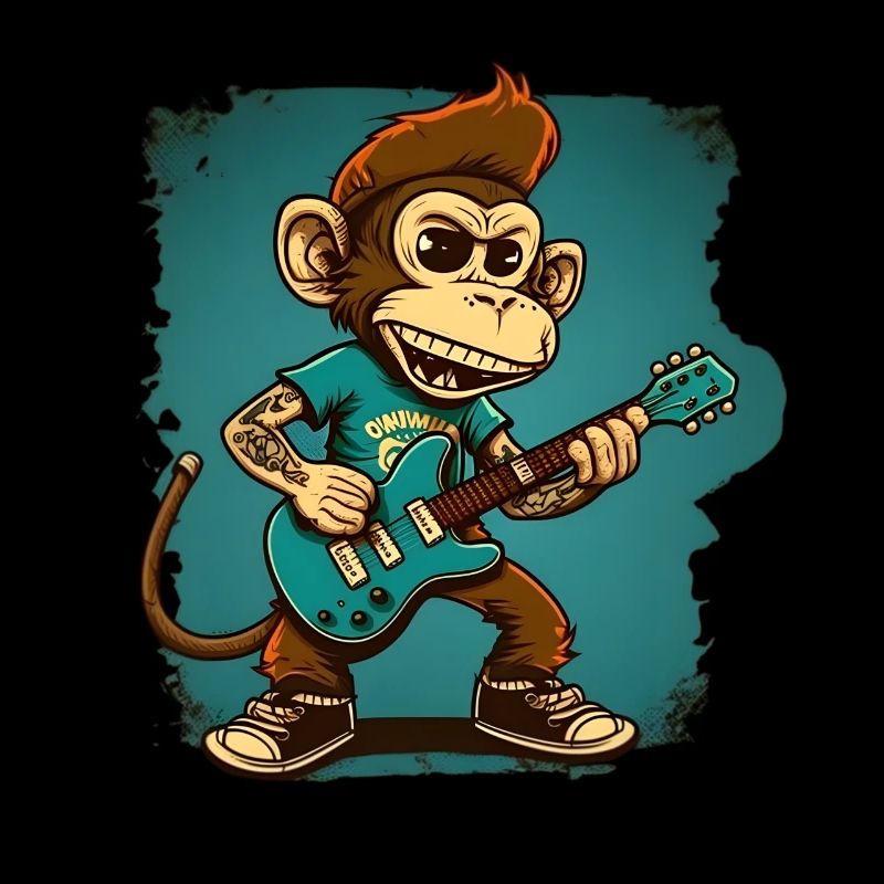 Affe Schimpanse spielt Acousitc Rock Gitarre