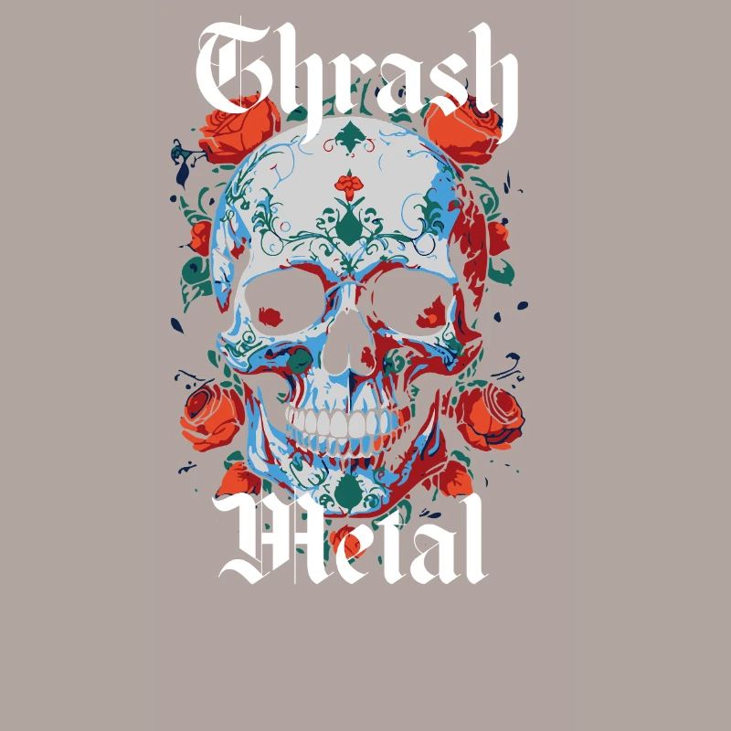 Design Thrash Metal con teschio e rose.