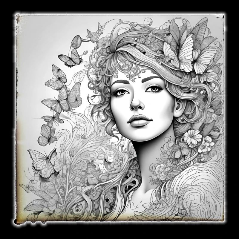 Fille romantique avec des fleurs et des papillons