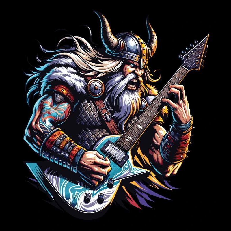 Wikingerkrieger, der E-Gitarre spielt.