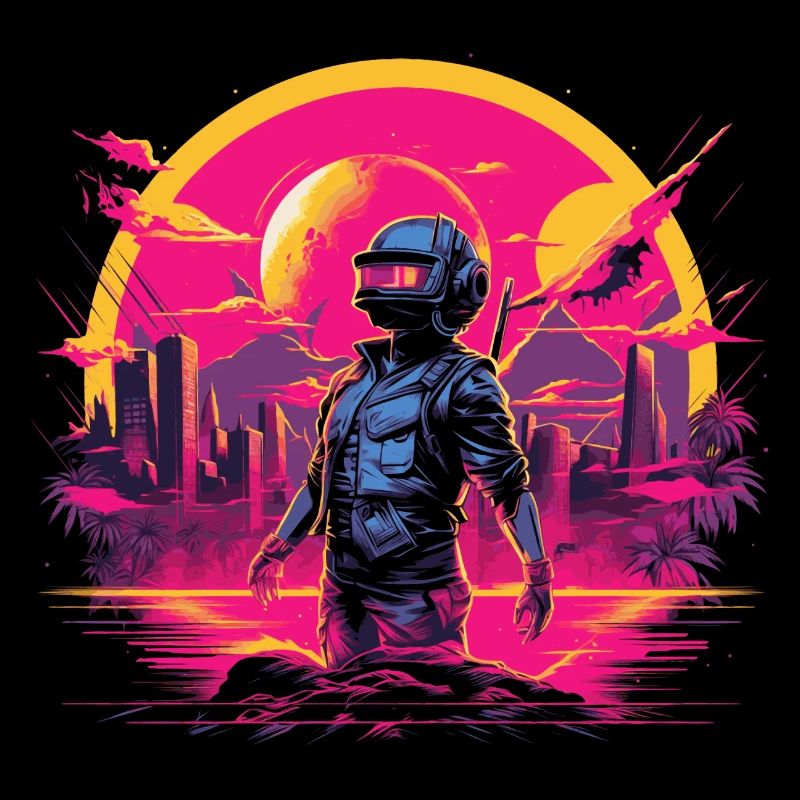 Adventurer in future planet synthwave 80s style