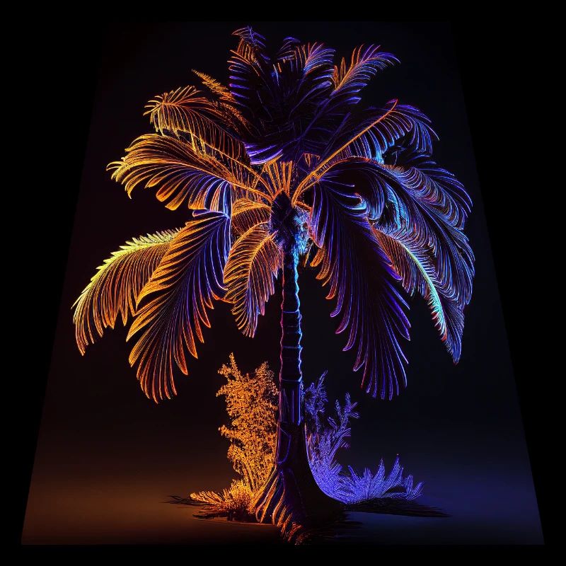 Futuristic palm tree in black light