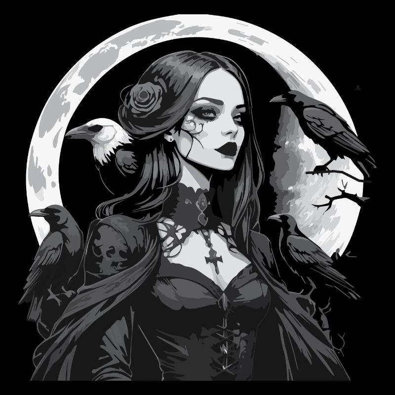 Gothic-Mädchen mit Raben über dem Mond