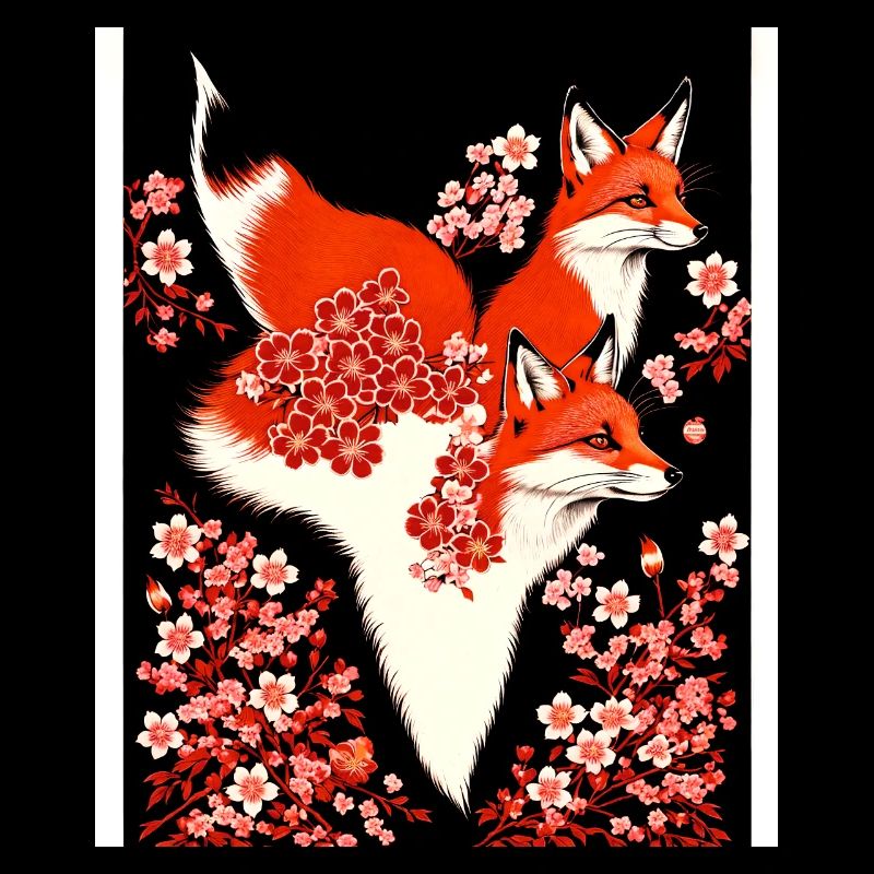 Foxes Japanese Cherry Blossom Flower Kitsune Fox