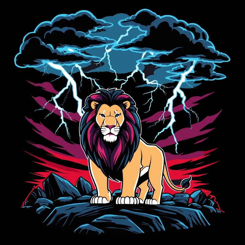 A lion during a thunderstorm